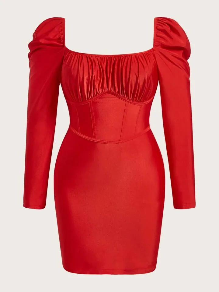 Unity plus ruched bust sqaure neck bodycon dress in red