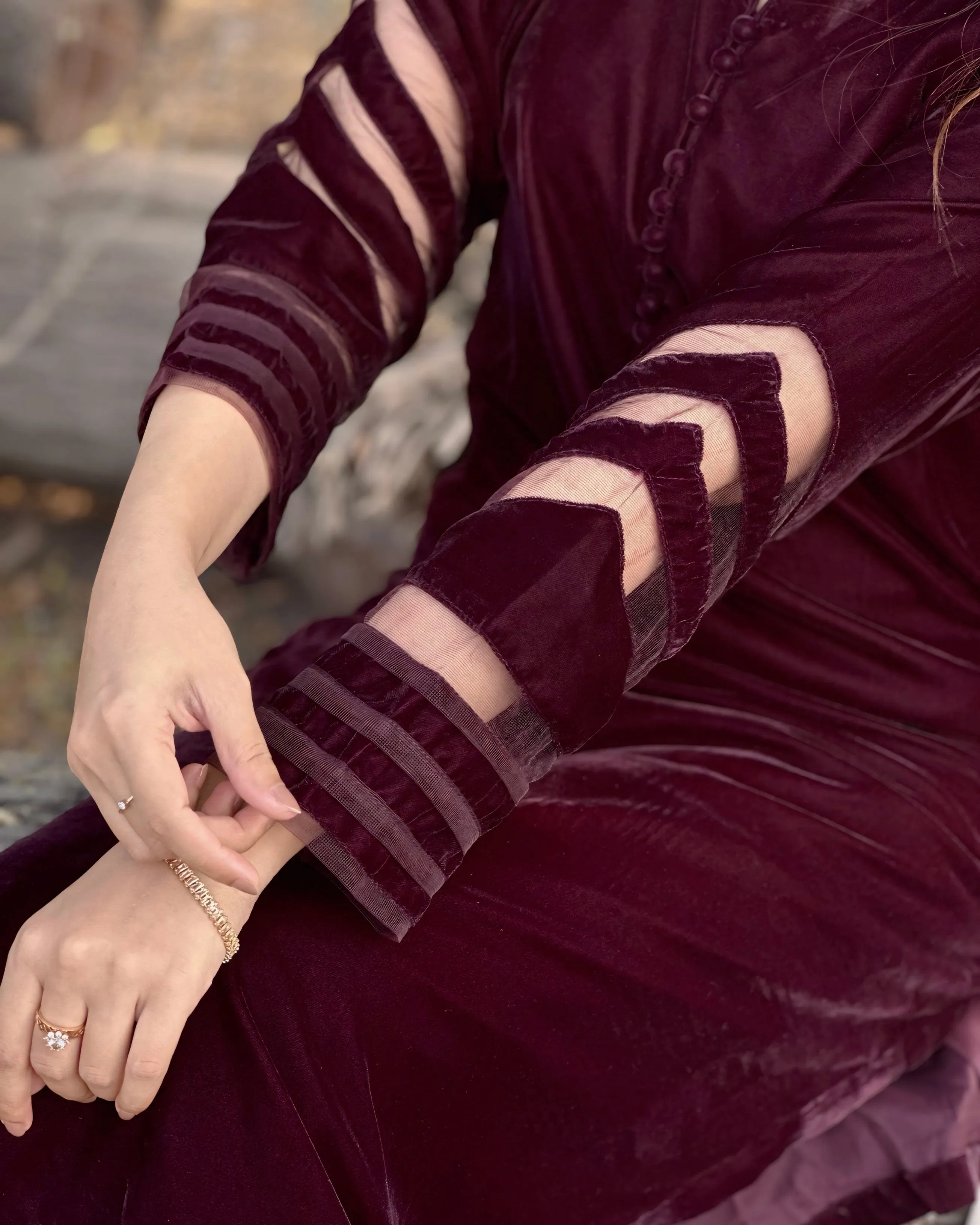 Velvet Deep Maroon Dress with Shawl