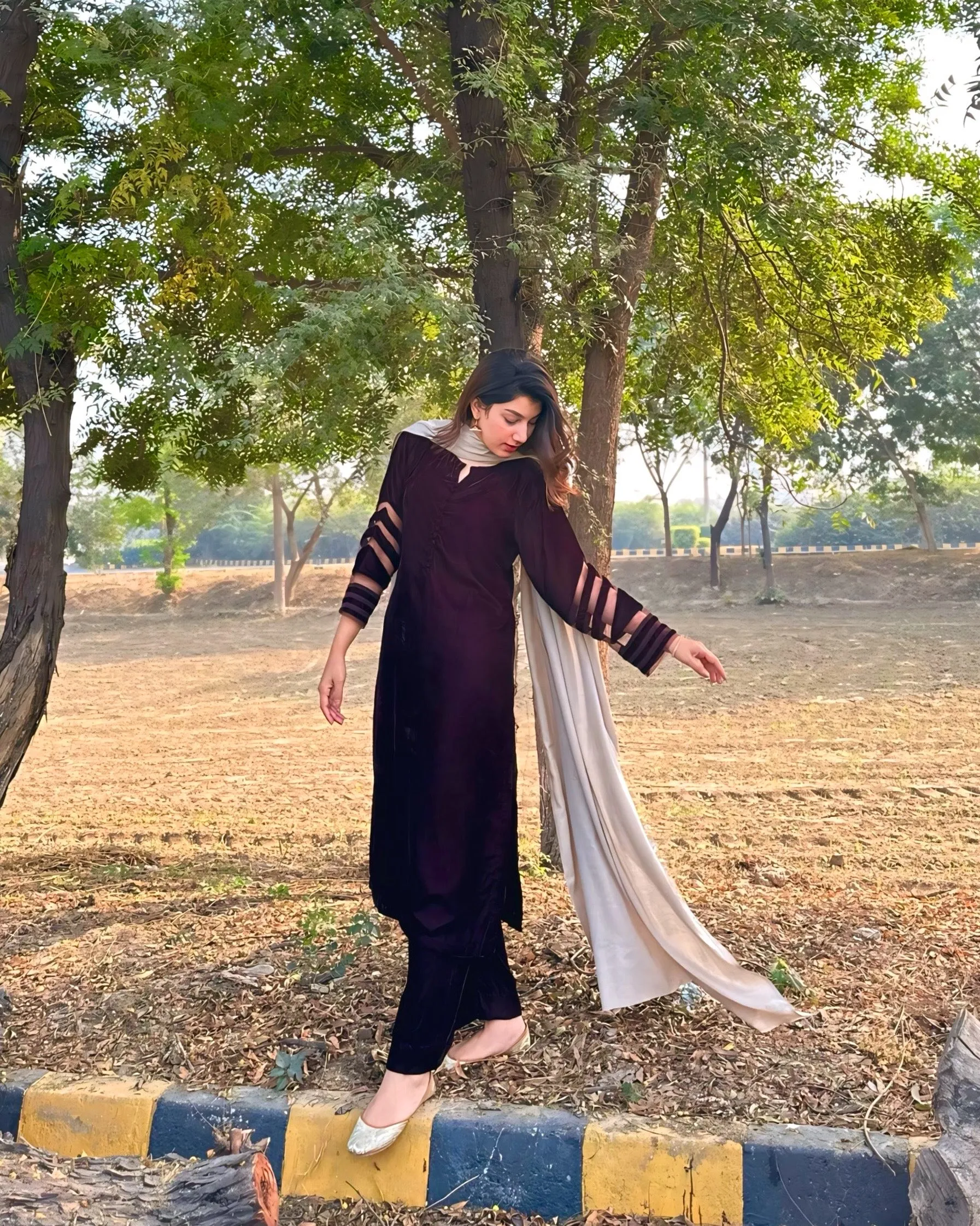 Velvet Deep Maroon Dress with Shawl