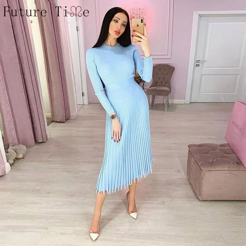 VenusFox Women Knitted Long Dress Autumn Winter Slim Sleeve Ladies Dresses Elegant Party Female Sweater Dress