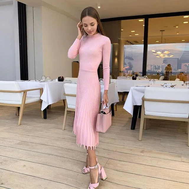 VenusFox Women Knitted Long Dress Autumn Winter Slim Sleeve Ladies Dresses Elegant Party Female Sweater Dress