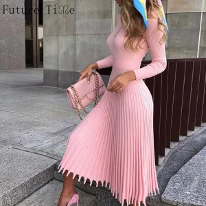 VenusFox Women Knitted Long Dress Autumn Winter Slim Sleeve Ladies Dresses Elegant Party Female Sweater Dress