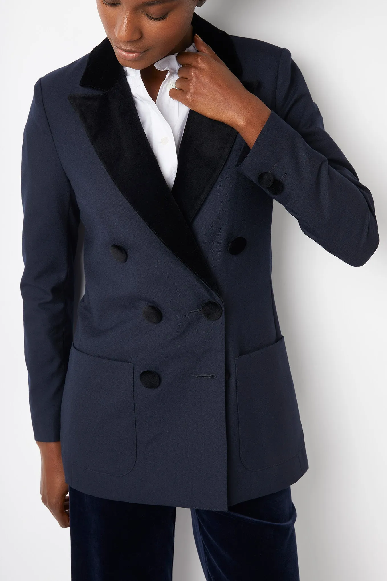 Verity Velvet Trim Double Breasted Tux Jacket - Midnight