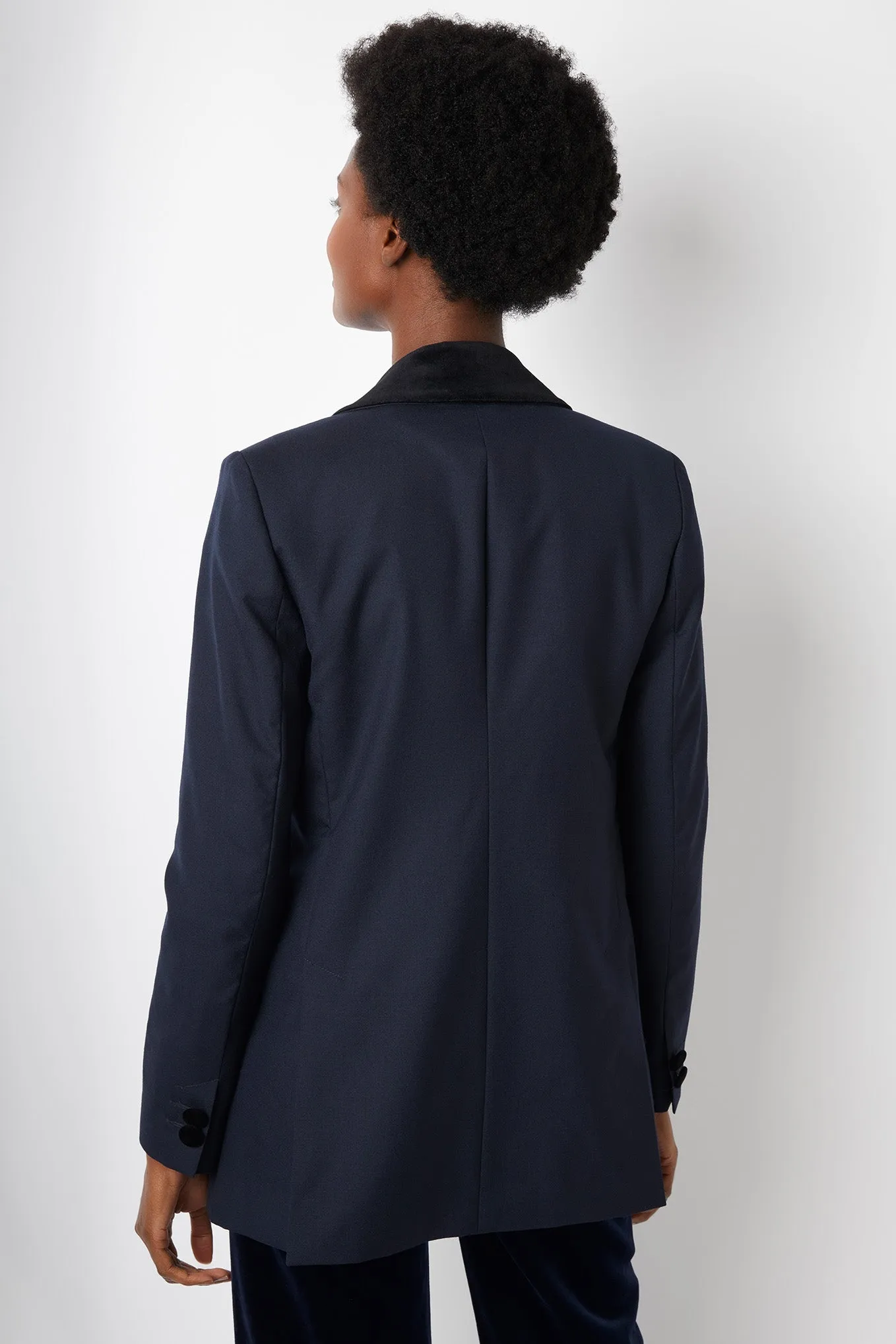 Verity Velvet Trim Double Breasted Tux Jacket - Midnight