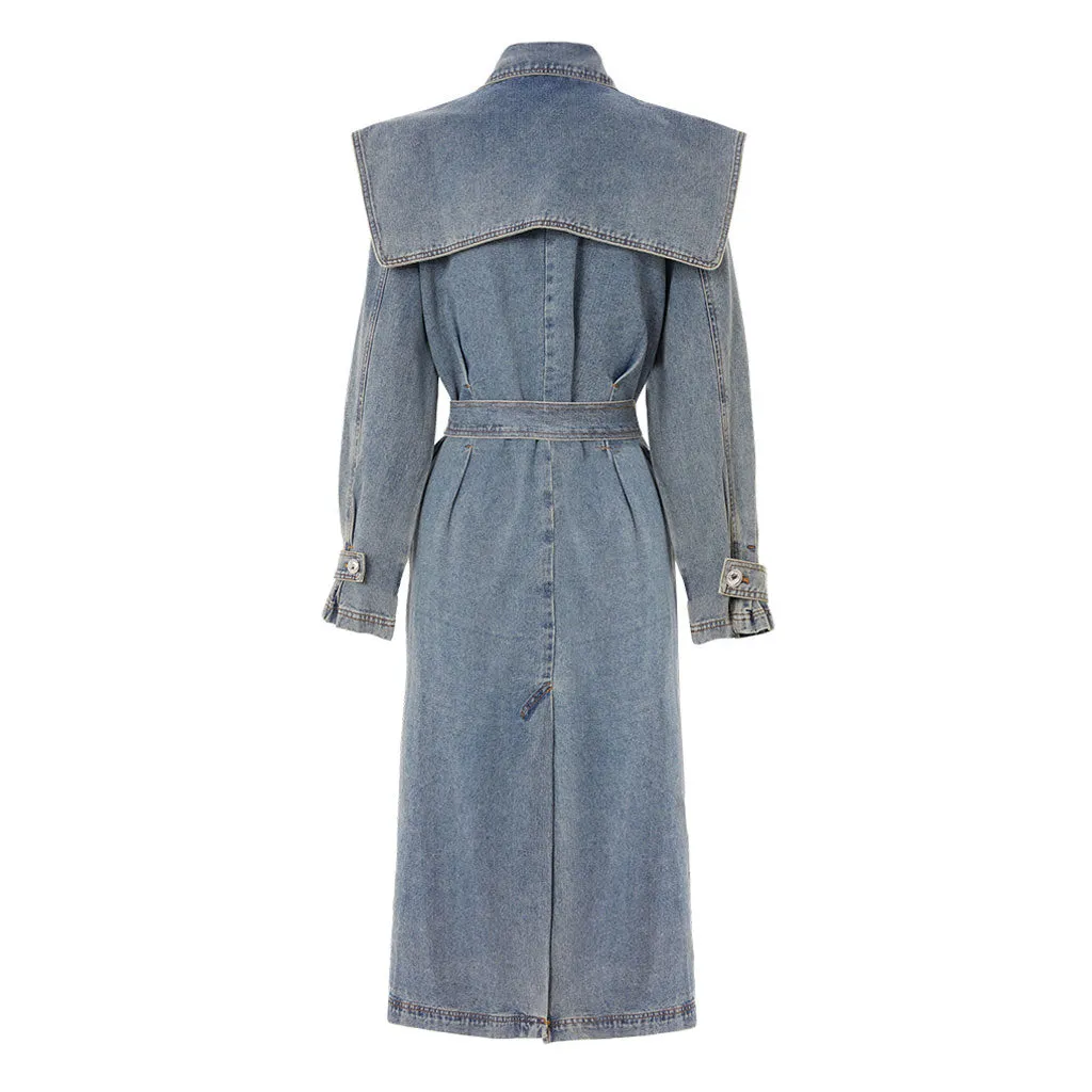 Vintage Buttoned Collar Belted Double Breasted Worn In Effect Denim Trench Coat