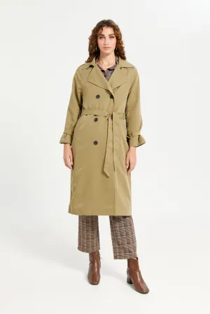 Women Beige Plain Belted Trench Coat