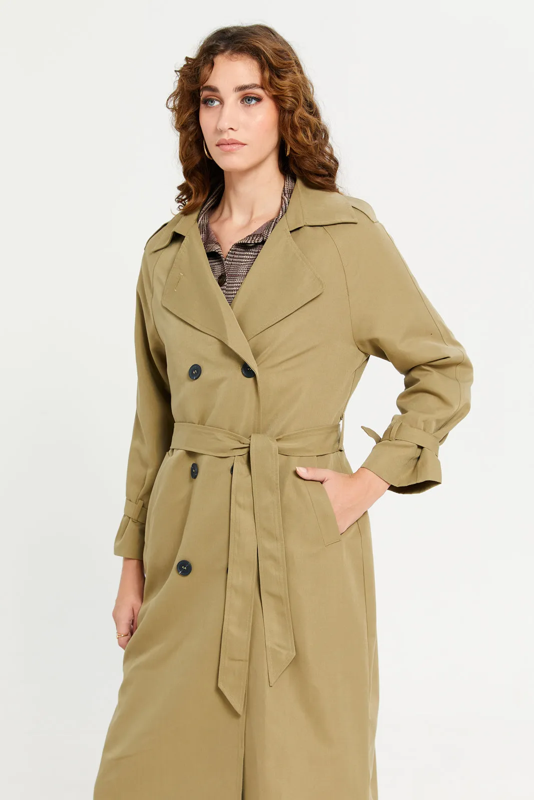 Women Beige Plain Belted Trench Coat