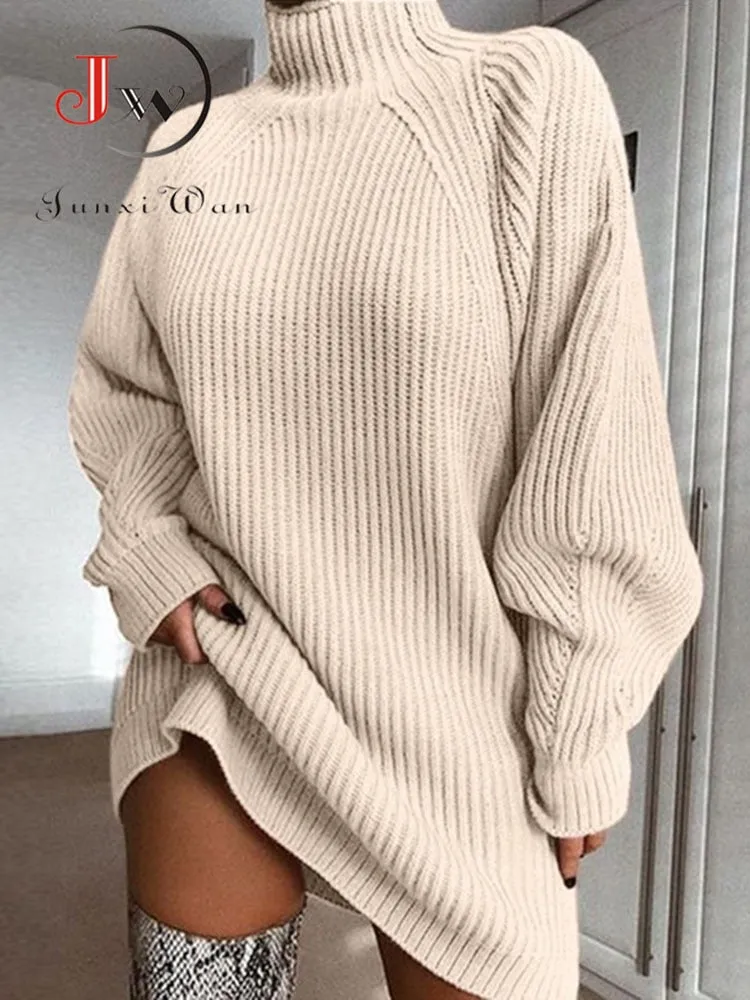 Women Turtleneck Oversized 
-Knitted Dress 
-Solid Long
-Sleeve Casual 
-Elegant