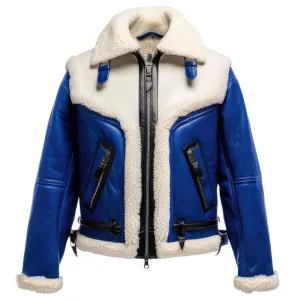 Women's Blue Faux Fur Shearling Genuine Sheepskin Leather Jacket