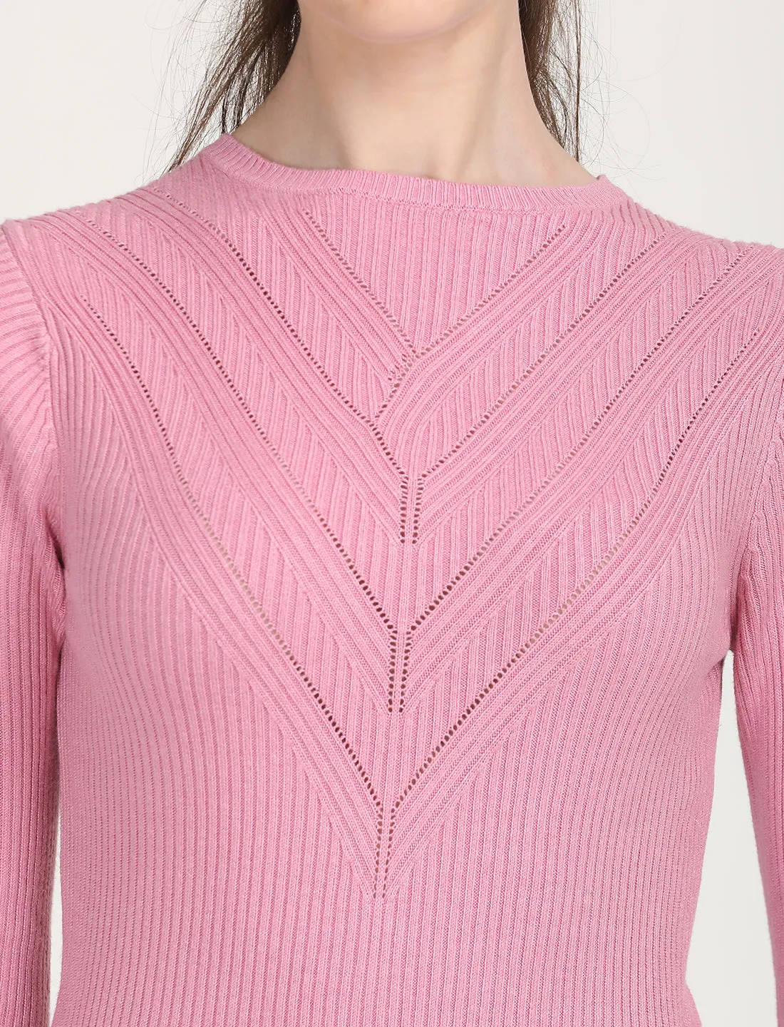 Women's Self Design Pink Round Neck Sweater