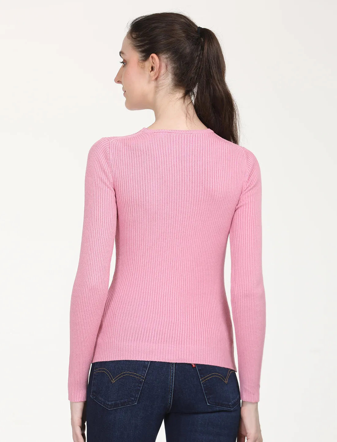 Women's Self Design Pink Round Neck Sweater