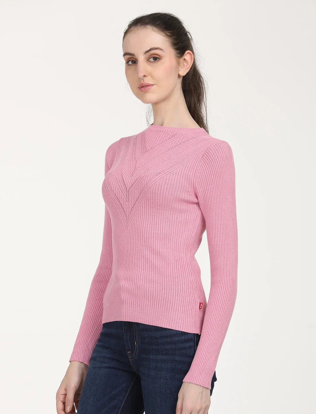 Women's Self Design Pink Round Neck Sweater